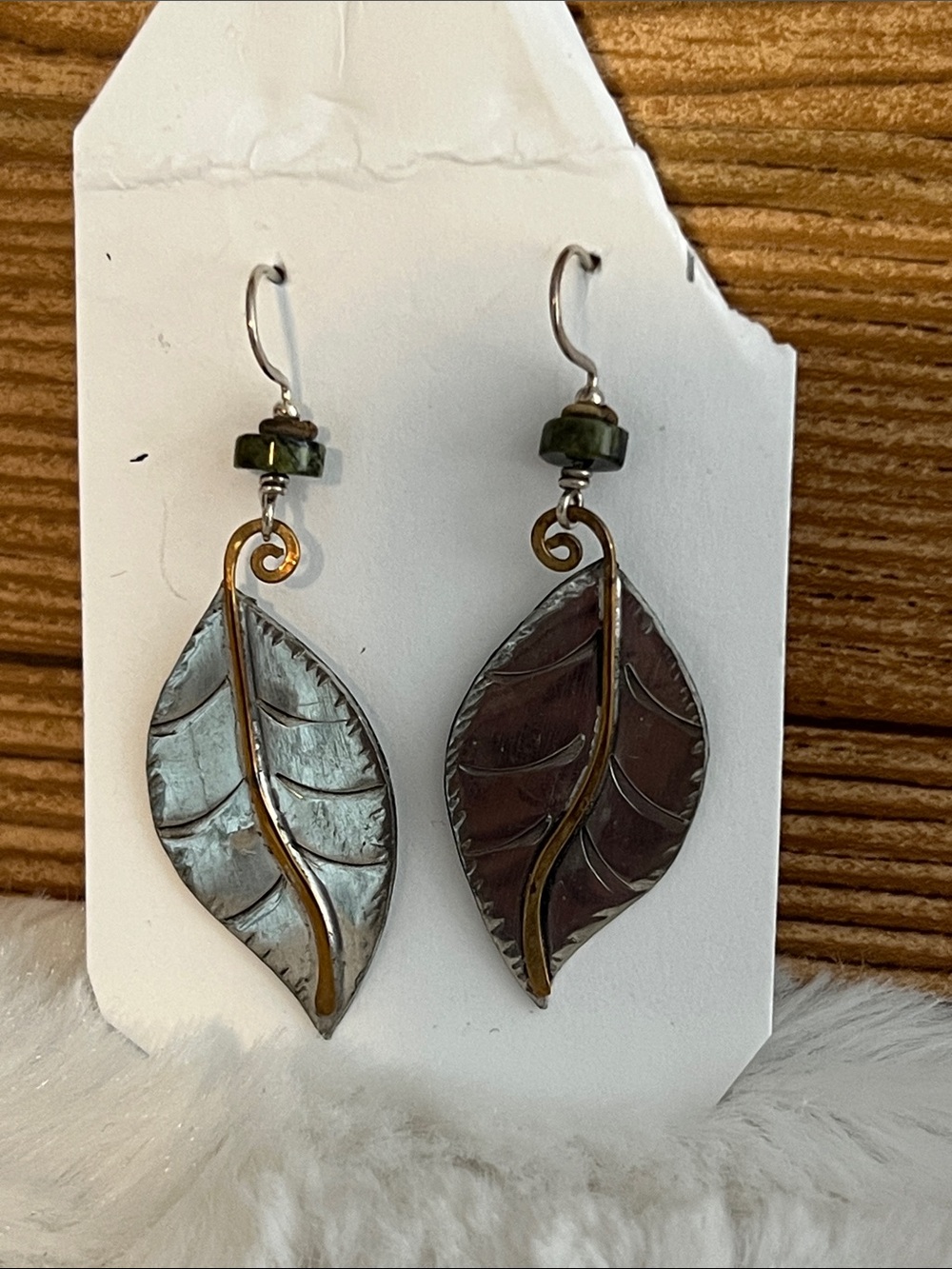 Iridescent Gray and Brown Leaf Drop Earrings with Gold Accent - Unbranded